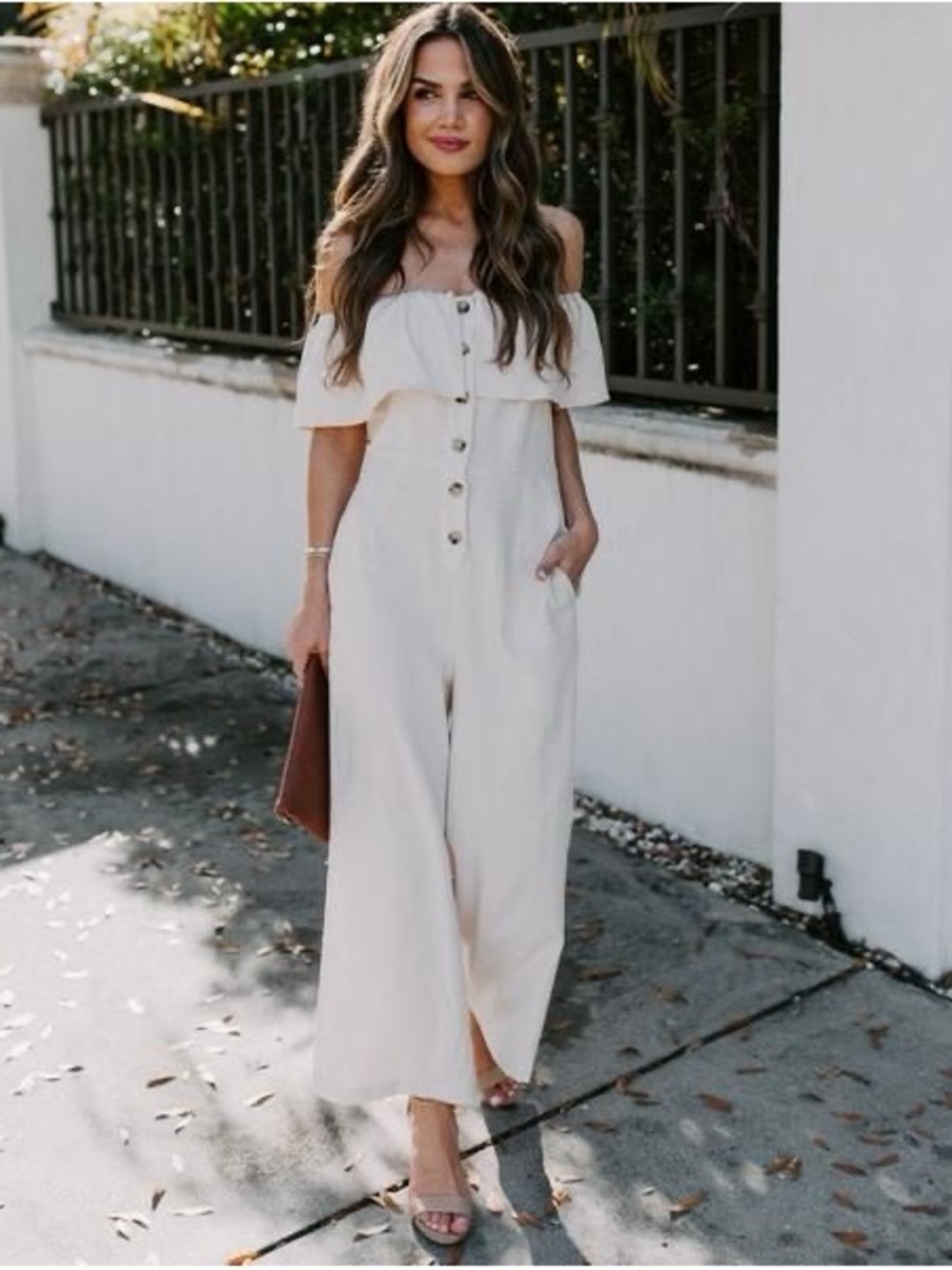 Lush Off-Shoulder Cream Button-Front Jumpsuit